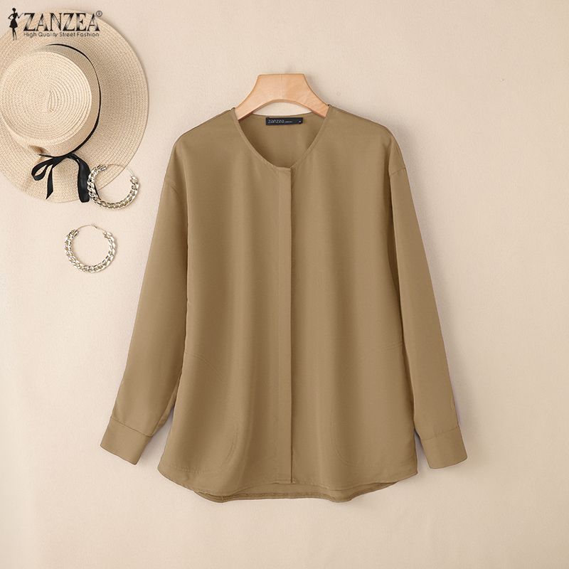 ZANZEA Women Casual Round Neck Loose Long Sleeve Button Blouse