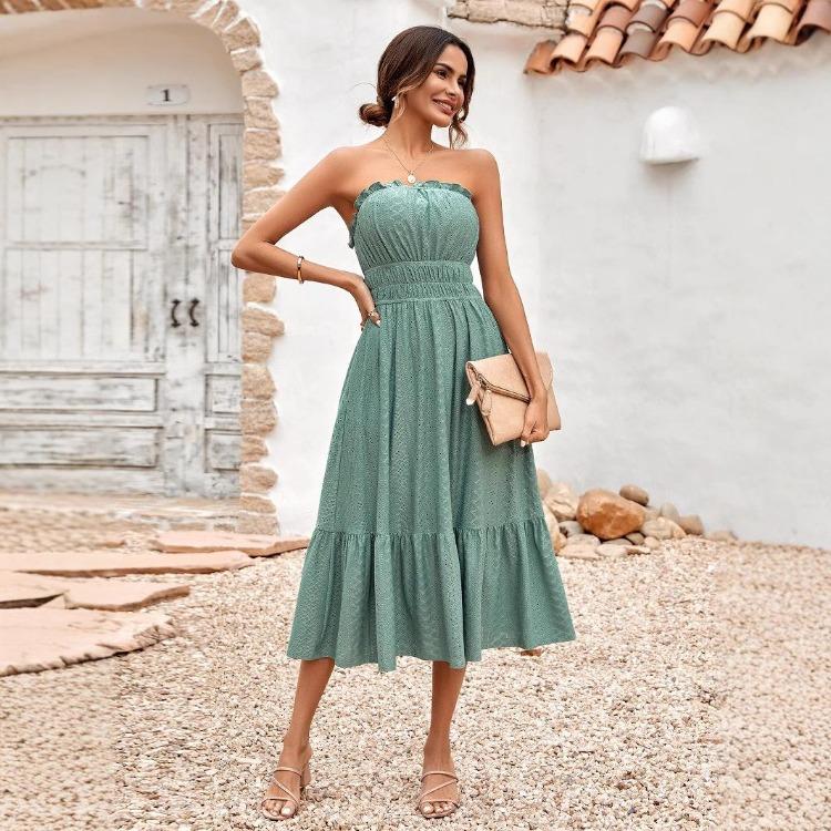 Summer Women Casual Sleeveless Strapless A-Line Dress High Waist Middle Long Solid Color One Collar Spring Dresses S-XL