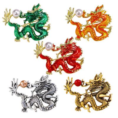 Chinesischen Stil Sternzeichen Drache Brosche Faux Perle Dekor Frühling Festival Pin Cartoon Tier Form Anzug Revers Hut Tasche Abzeichen