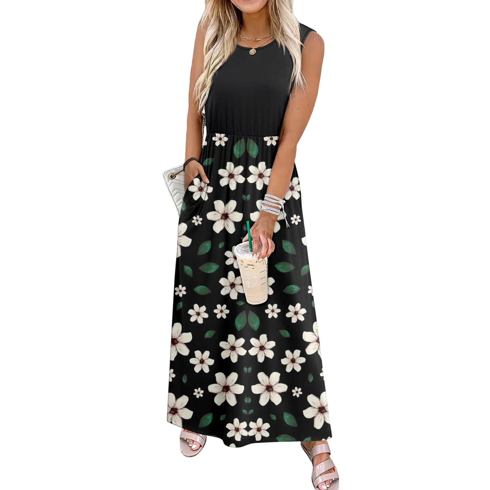 

Sleeveless Floral Print Casual Dress for Women Waist Cinched Crew Neck Tank Long Maxi Dress for Daily Wear Vacation M чёрный