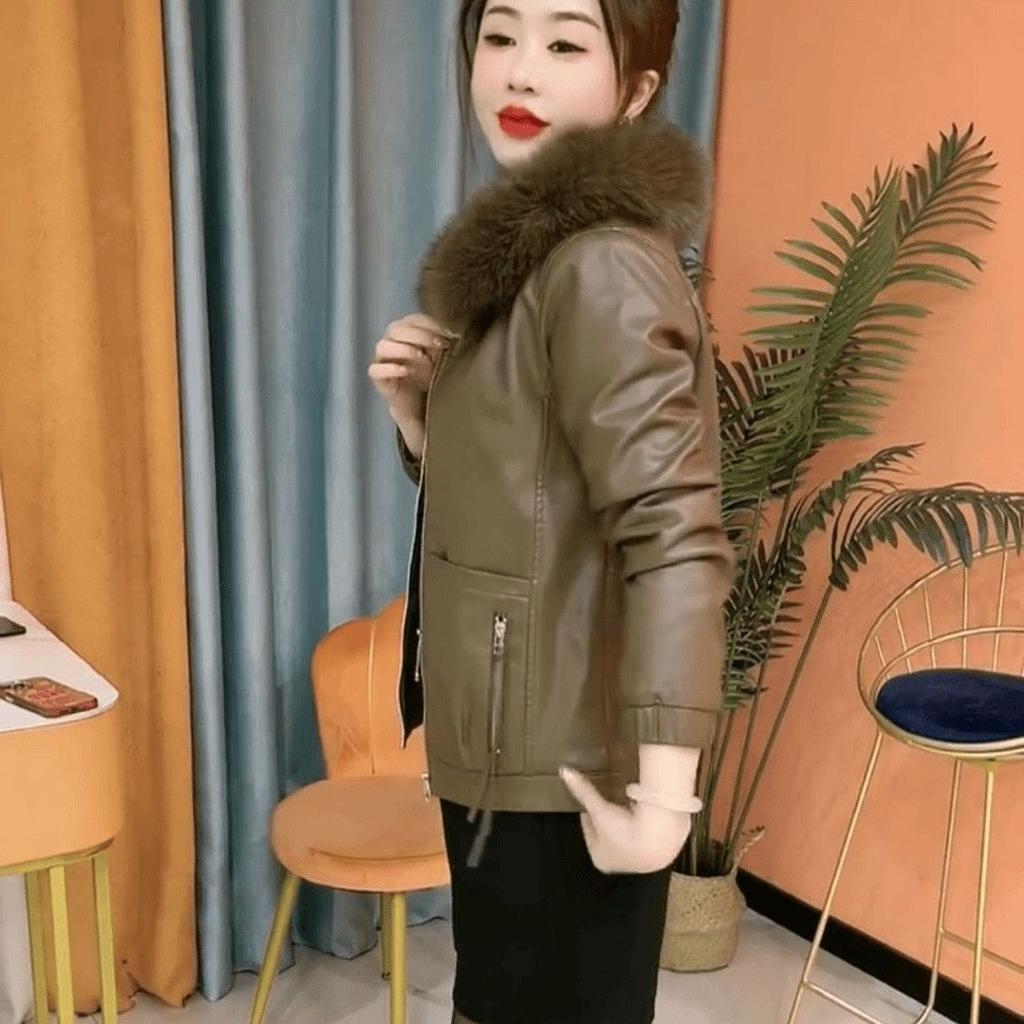 Women Artificial Leather Plus Velvet Padded Coat Winter Female Detachable Fur Collar Western Fashion Warm Jacket Artificial Leather Overwear