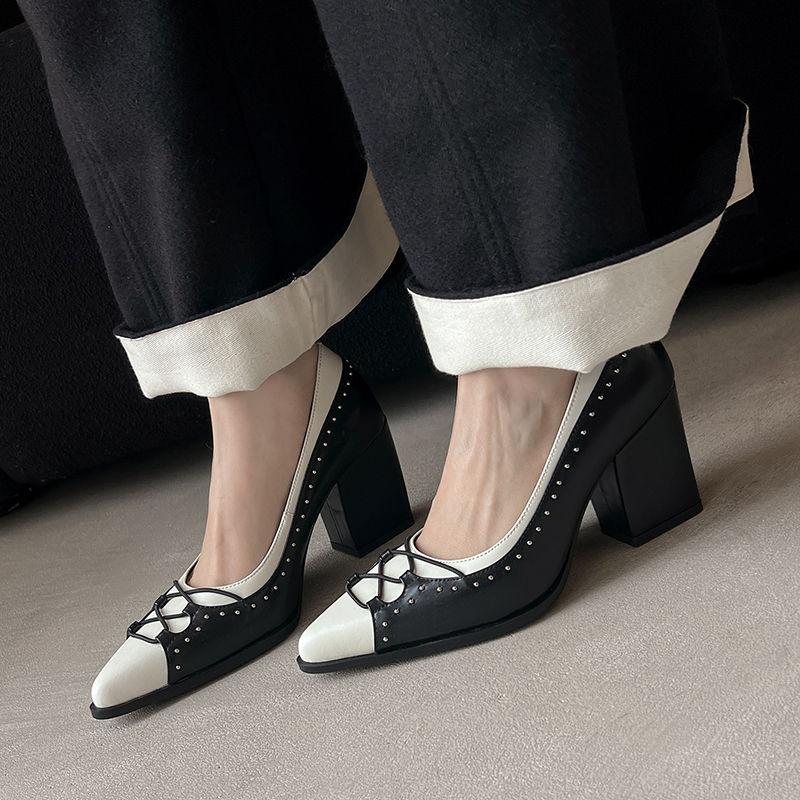 Fashion 2025 New Women Shoes Genuine Leather Pumps Thick High Heels Spring Summer Elegant Office Pumps Pointed Toe Classic Casual Shoes