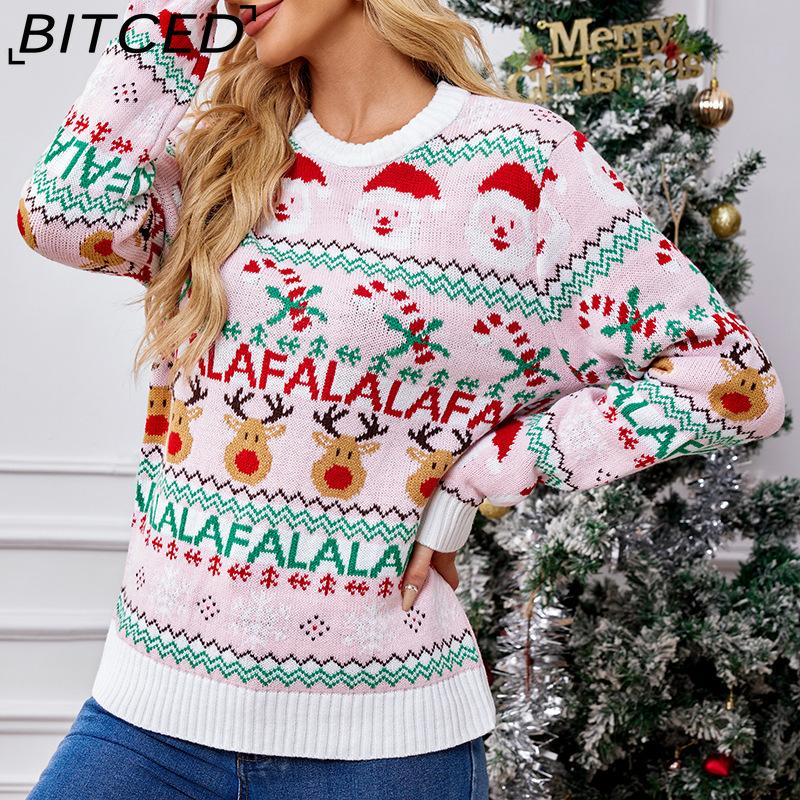 

BITCED Розовый Сладкий Вязаный Свитер для Женщин Осень/Зима Рождественский Пуловер с Длинными Рукавами Жаккардовый Рождественский Свитер XXL розовый