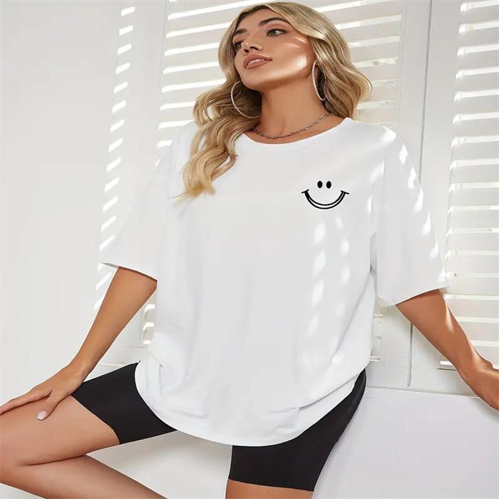 Top cu imprimeu de vară cu gât rotund, la modă, casual, drăguț, cu mâneci scurte, tricouri din bumbac pur pentru femei