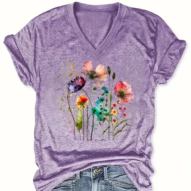 

Fashion Spring Beautiful Flowers Painting Blouses Short Sleeved V-Neck T Shirts Casual XS фіолетовий