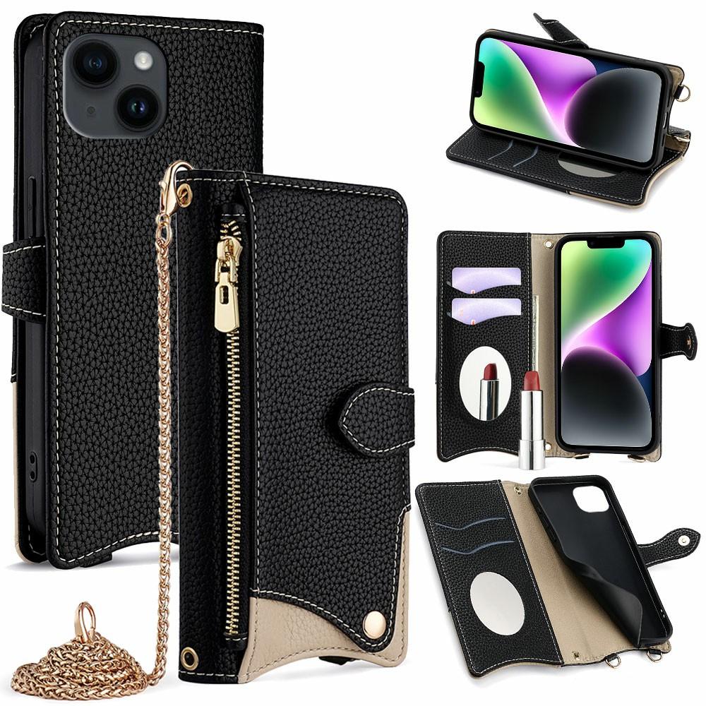 

For iPhone 15 Leather Case Wallet Stand Cover Irregular Tail Style with Chain Strap A