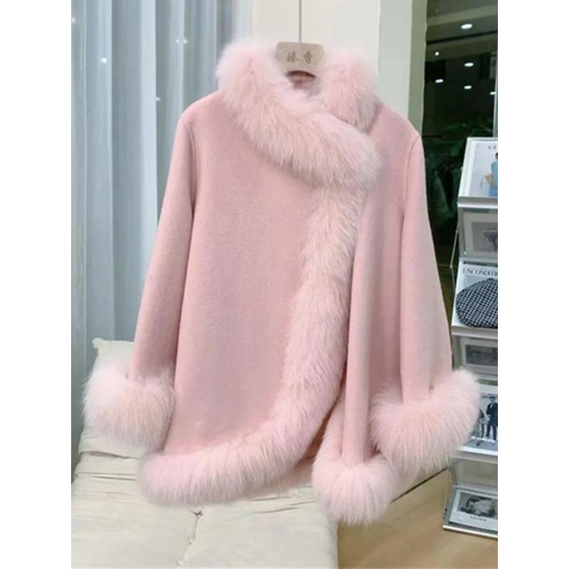 

Новое зимнее пальто из искусственного меха лисы, женская одежда, шаль знаменитости, шерстяное пальто, шерстяная накидка XL 135-150 розовый