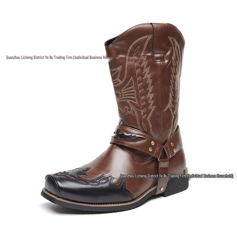 Men's Large Size Western Cowboy Leather Boots - Autumn Embroidered, Square Toe, High Top.