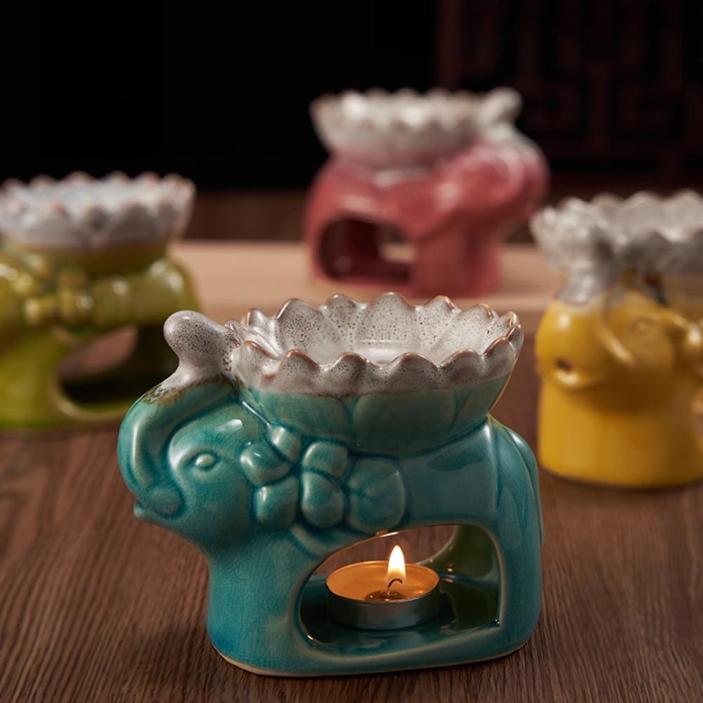 Ceramic Ice Cracking Lotus Incense Burner Elephant Shape Aromatherapy Essential Oil Aromatic Wax Diffuser Censer Home Decoration