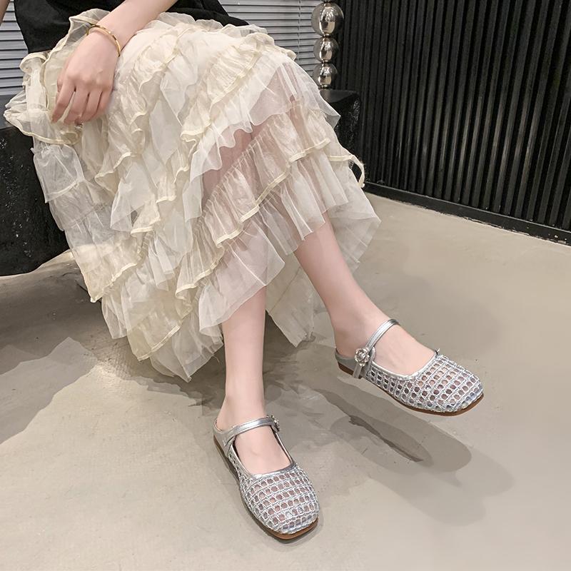 Fashion Mesh Breathable Flat Slippers Women Elegant Weaving Shallow Mary Jane Shoes Comfort Buckle Casual Shoes Zapatos