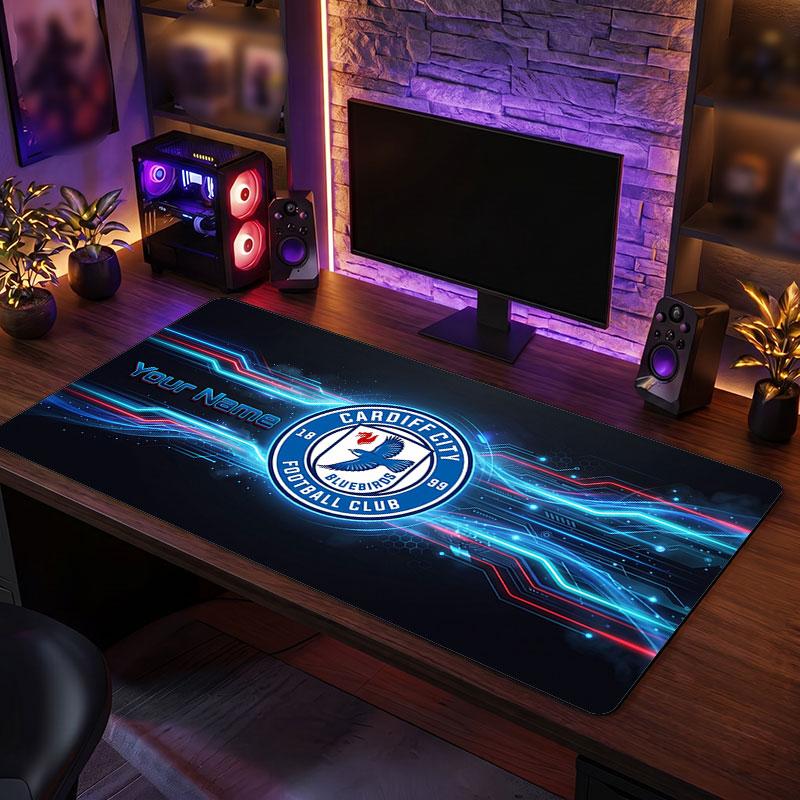Cardiff City Custom Large Mouse Pad, Personalized Name Text Print, Football Logo Non‑Slip Desk Mat Gaming Gift