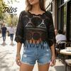 Top all'uncinetto da donna, Scollo rotondo, Maniche a 3/4 svasate, Copricostume, Lavorazione a maglia traforata, Stile Retro Boho, Protezione solare estiva, Camicia da spiaggia per stratificazione