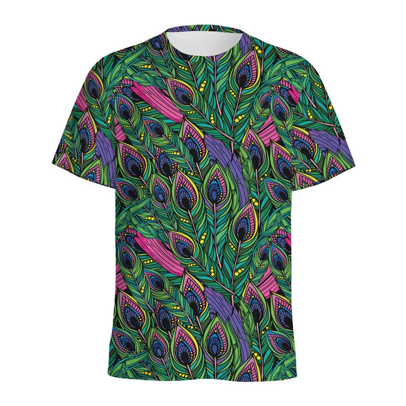 Boho Peacock Feather Pattern T-shirt For Men Vintage Crew Neck Short Sleeves 3D Printed T Shirts Women Summer Street Tees Tops XXS