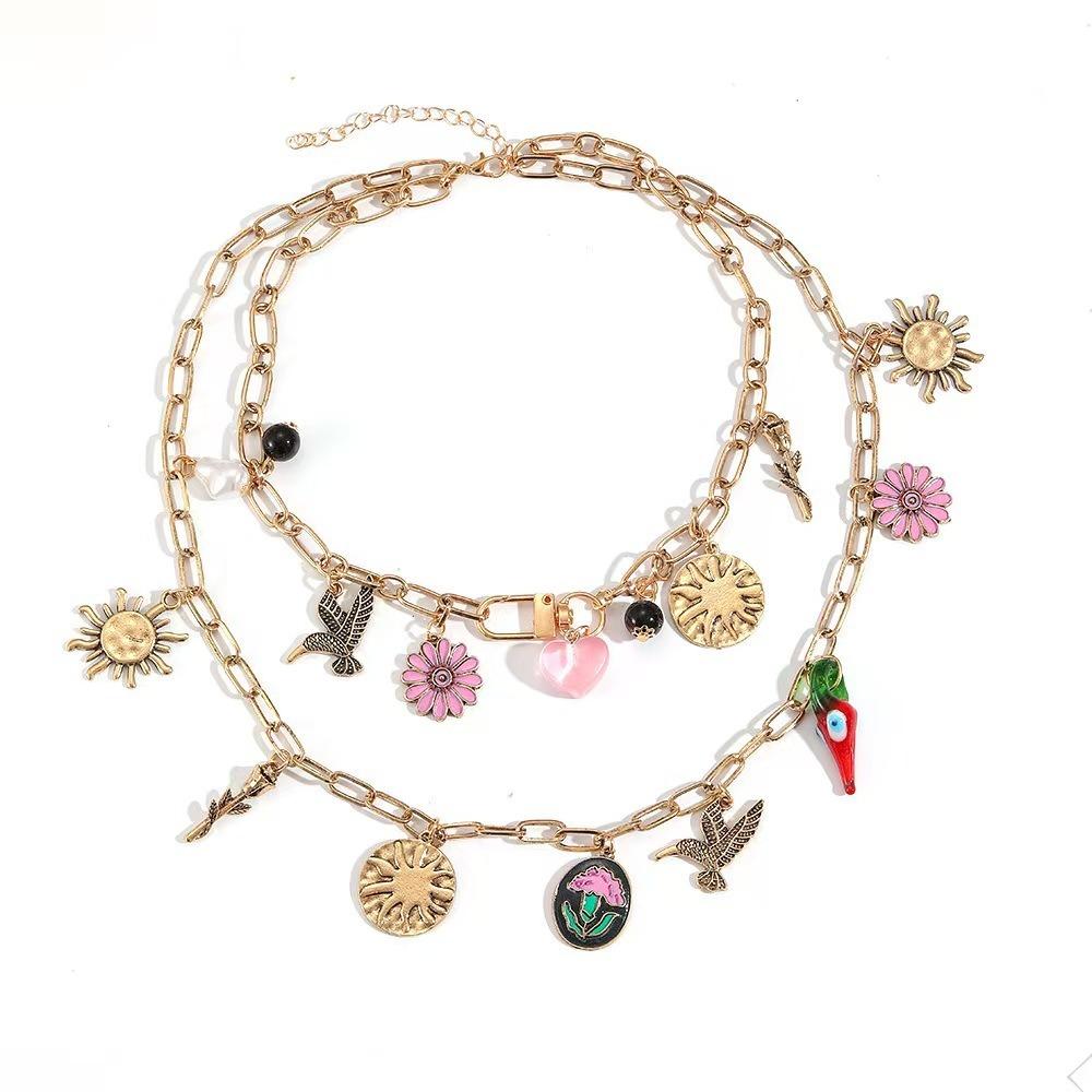 Flying Bird Flower Pendant Necklace Metal Chain Multi Layer Choker Enamel Necklace Vacation