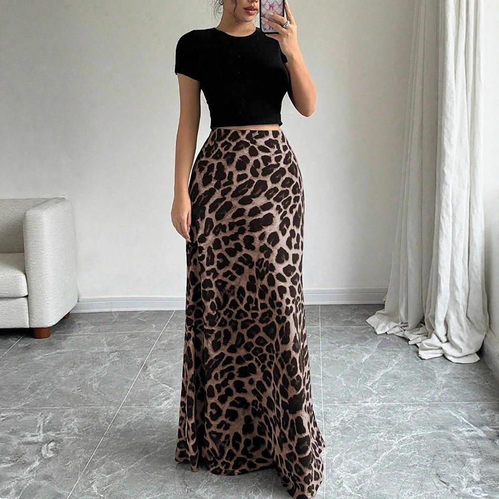 Women's Leopard Print High-Waisted Mermaid Hem Maxi Skirt Daily Wear High-Waisted Leopard Skirt Women's Casual