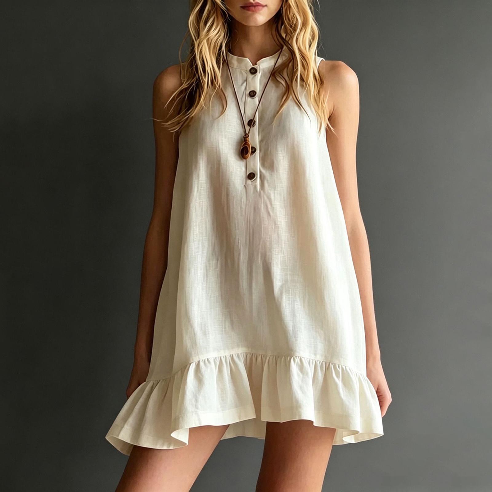 

Women’s Sleeveless Ruffle Hem Dress Stand Collar Button Front Solid Tunic Dress with Relaxed Fit for Casual Daily Wear XXL бежевый