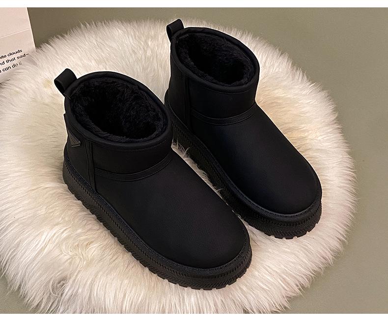 Women's 2025 Autumn/Winter Korean Fleece-Lined Leather and Fur Snow Boots with Thick Soles