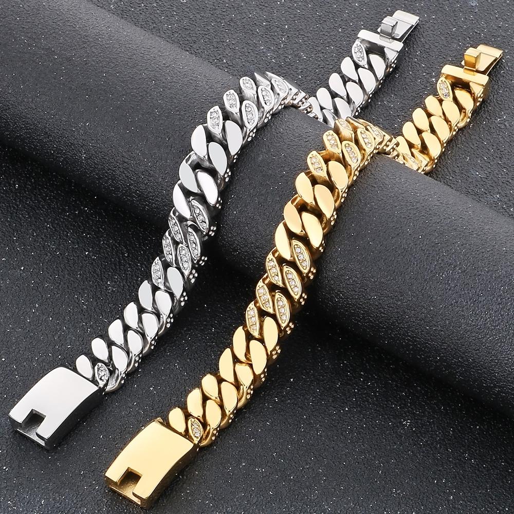 316L Stainless Steel 12MM Width Cuban Chain Bracelet for Men Hiphop Men's Bracelets With CZ Birthday Jewelry Gifts for Boyfriend