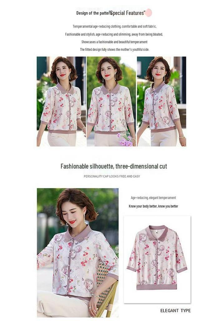 2026 Spring New Mother's Seven-Sleeve Ice Silk T-Shirt for Middle-Aged & Elderly Women - Spring/Summer Fashion Lapel Top