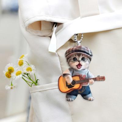 Cute Guitar Cat Car Hanging Ornament Rear View Mirror Pendant Charming Acrylic Flat