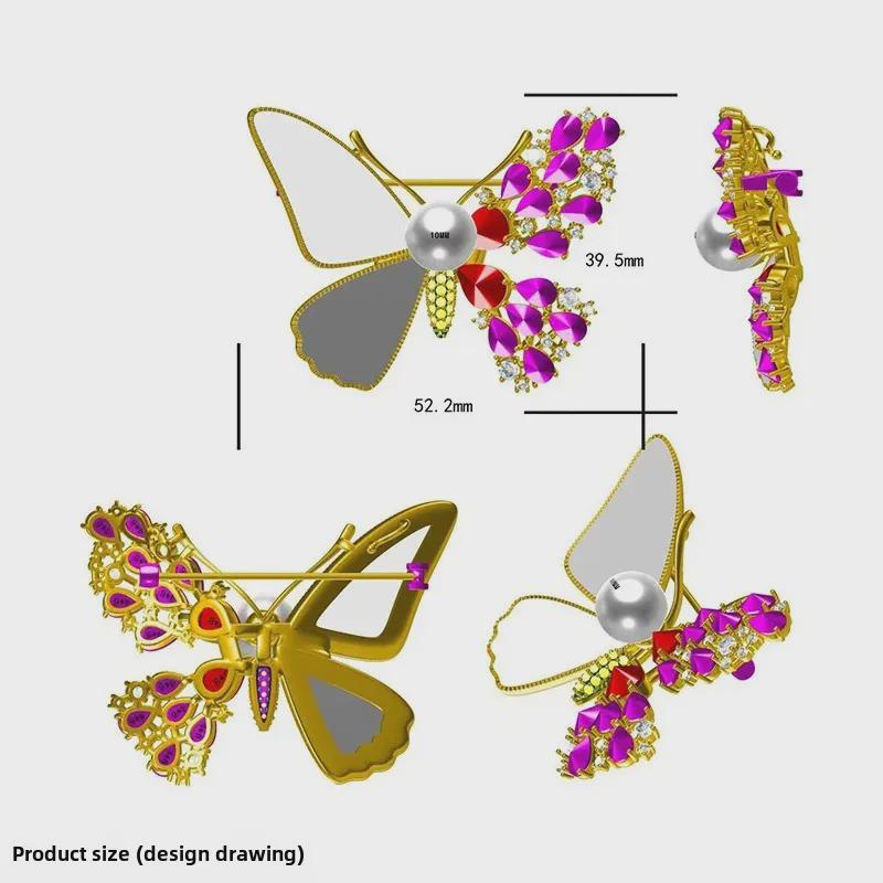 Luxury Purple Zircon Butterfly Brooch with Natural Seashell and Pearl, Gold-Plated Copper Pin for Women