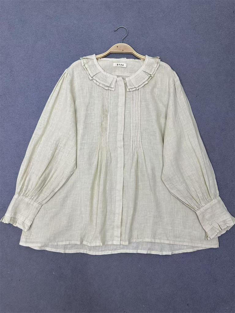 Johnature Autumn Round Neck Single Button Loose Long Sleeve Shirt Solid Color Pleated Casual Shirt For Women