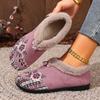 Womens Slip on Winter Shoes Thickened Warm Lined Cushioned Sole Floral Pattern Low Heel Round Toe Ankle Boots with Plush Lining