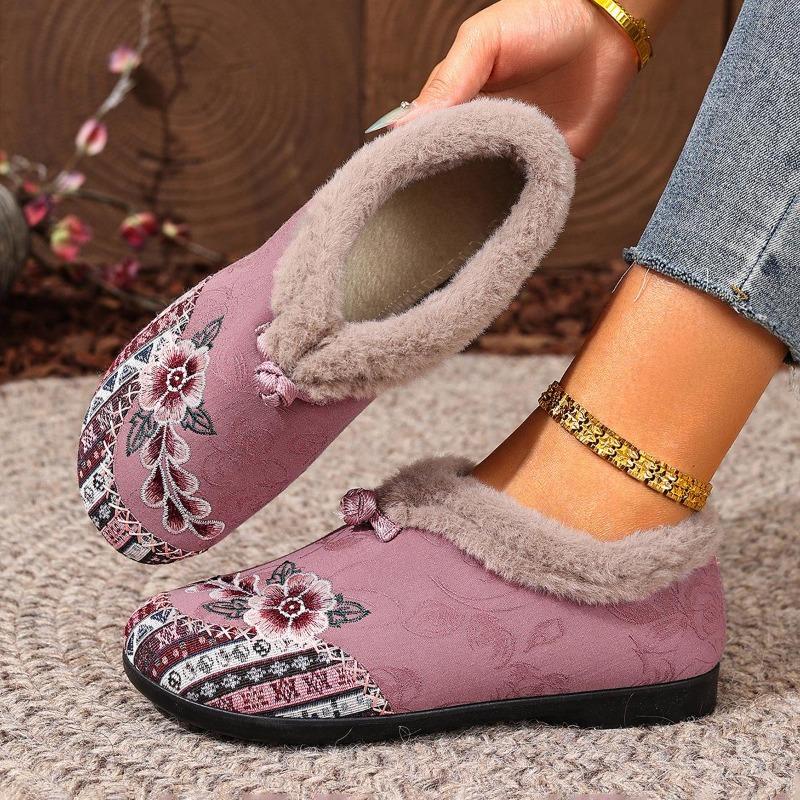 Womens Slip on Winter Shoes Thickened Warm Lined Cushioned Sole Floral Pattern Low Heel Round Toe Ankle Boots with Plush Lining