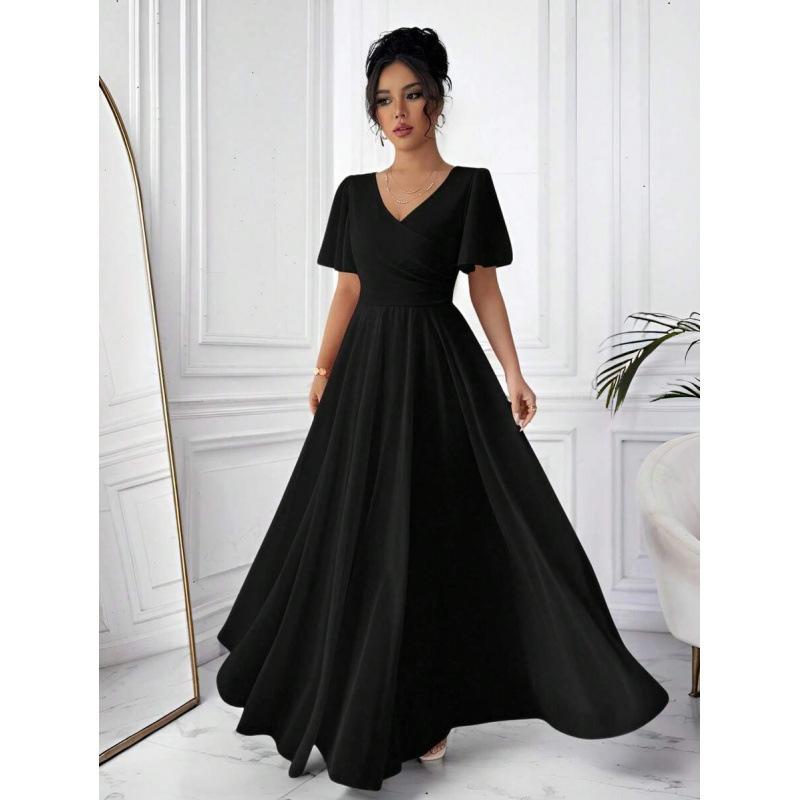 Europe, America 2026 summer new ruffle edge sleeve V-neck simple elegant romantic exquisite dress S