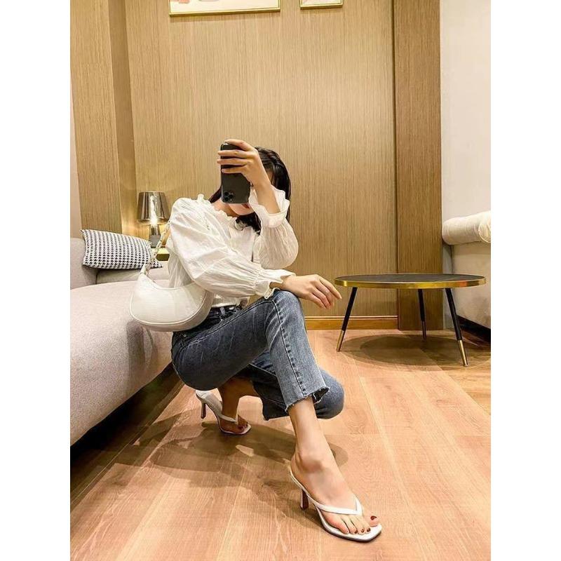 Black Toe Sandals Women's Flip-flops High Heel Stiletto Foot Wear Fashion Versatile Slippers Square Head Sandals Summer