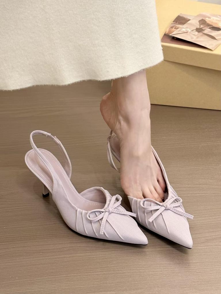 Nischen-Temperament High Heels Damen Frühling Schleife spitze Zehenpartie flacher Ausschnitt dünner Absatz Tasche Kopf Sandalen