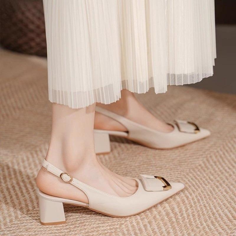 White Square Button Head Thick Heel High Heels Women's Not Tired Feet New Versatile Medium Heel Light Mouth Single Shoes Women's Leather Shoes