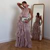 European and American Women's Clothing Summer New Temperament Elegant Ruffle Edge Pleated Slim Sleeveless Long Dress