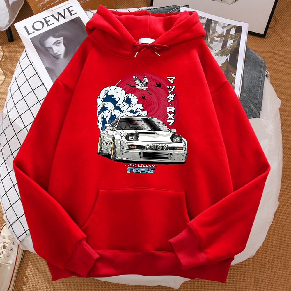 Japanese Car Waves Crane Red Sun Prints Hoody Men Fashion Oversize Sweatshirt Autumn Pocket Warm Hooded Hipster Soft Streetwear