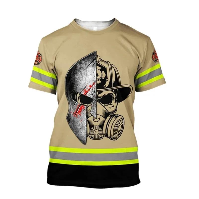 Firefighter Fire Simulation Drill Pattern 3D Print Cross-border New Men's Casual Short-Sleeve T-Shirt Factory Direct Sale