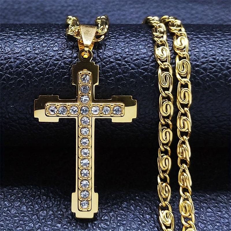 New Men's Stainless Steel Cross Necklace with Diamonds, Vacuum Plating, Non-fading Hip-hop Accessories