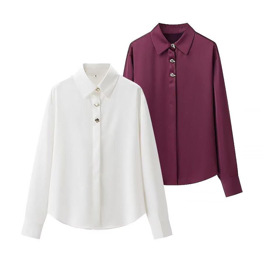 European and American style, new women's clothing, classic gold button-trimmed silk satin shirt 2138748712.