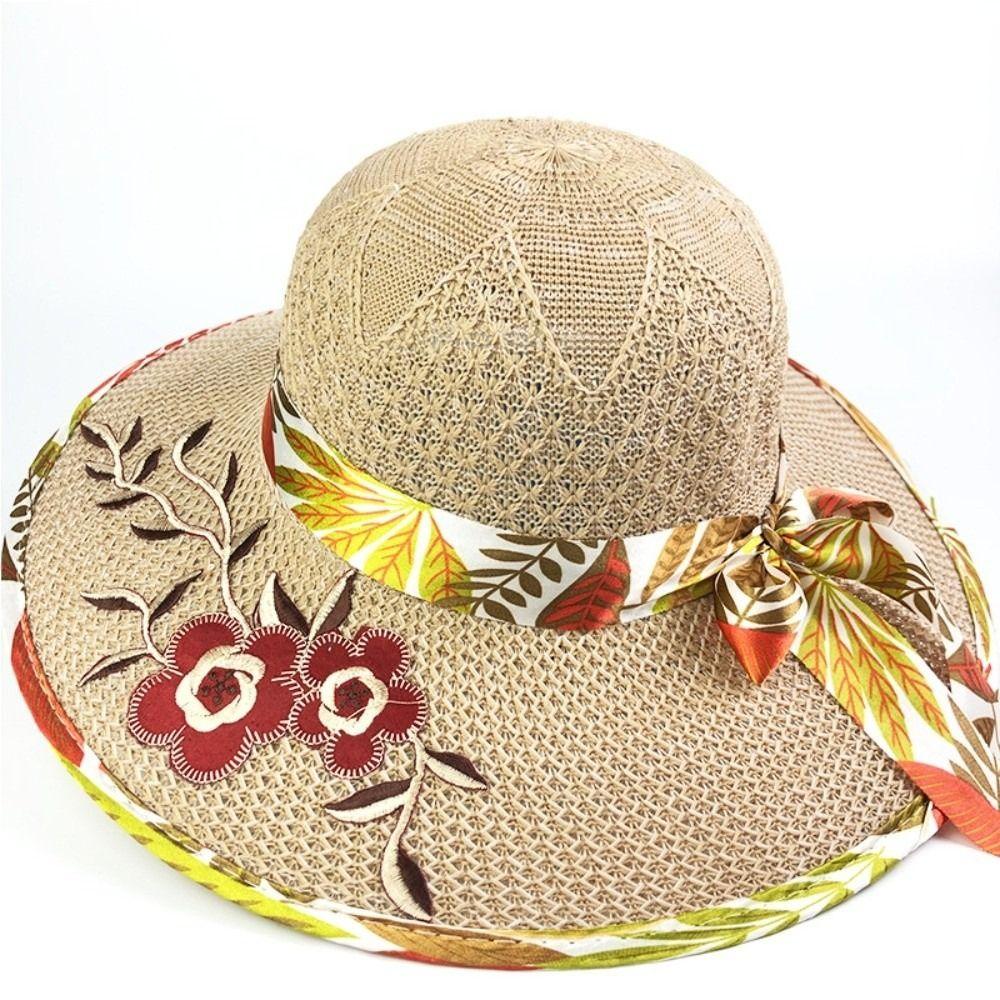 Foldable Flower Embroidery Hat Wide Brim Panama Hat New Straw Beach Cap  Outdoor Casual