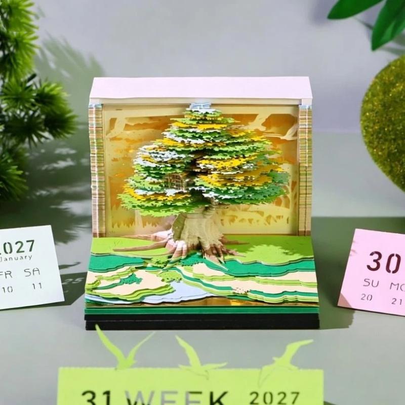 Time Piece Calendar 2027 Desk Calendar With Led Light 3D Tear-Away Calendar Paper Carving Art Memo Pad Notepad Desktop Decor