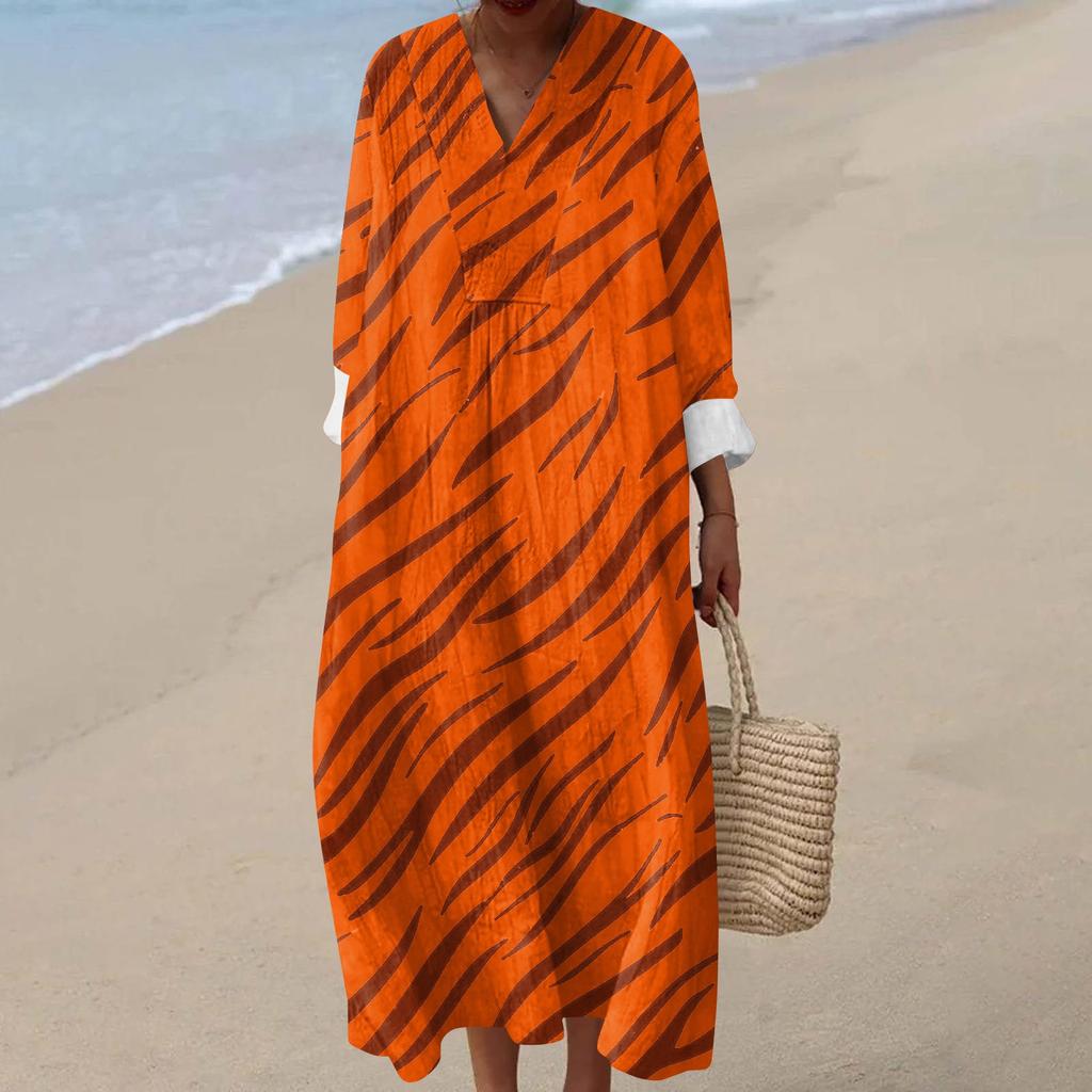 Women's Casual Fashion V-Neck Long Sleeve Floral Print Maxi Dress