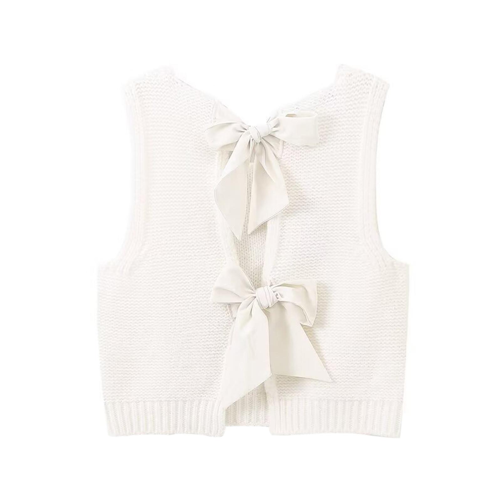 

Жилет-свитер с бантом сзади для женщин, укороченный повседневный вязаный кардиган-жилет L белый