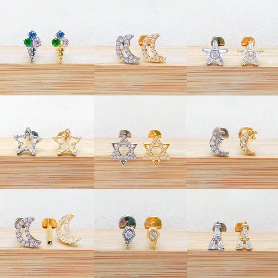 F136 Star Moon Diamond Lip Stud 5-Sided Iron Tower Ear Cartilage Piercing Jewelry 1.2x6/8mm