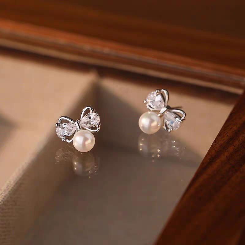 Light luxury versatile high-end bow zircon stud earrings women's s111 silver needle temperament small pearl earrings earrings