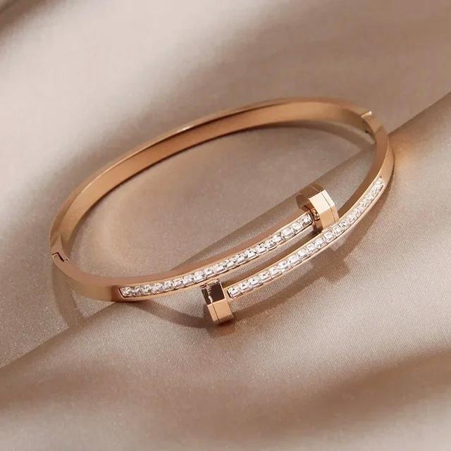 316L Stainless Steel Exquisite Nail Brand Bracelets For Women American Trendy Shining Zircon Screw Not Fading Bangle Gift