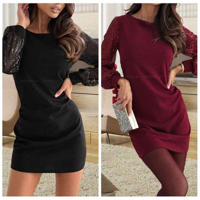 Vestido de Lantejoulas de Natal Feminino - Estilo Europeu e Americano, Curto, Gola Redonda, Cor Sólida