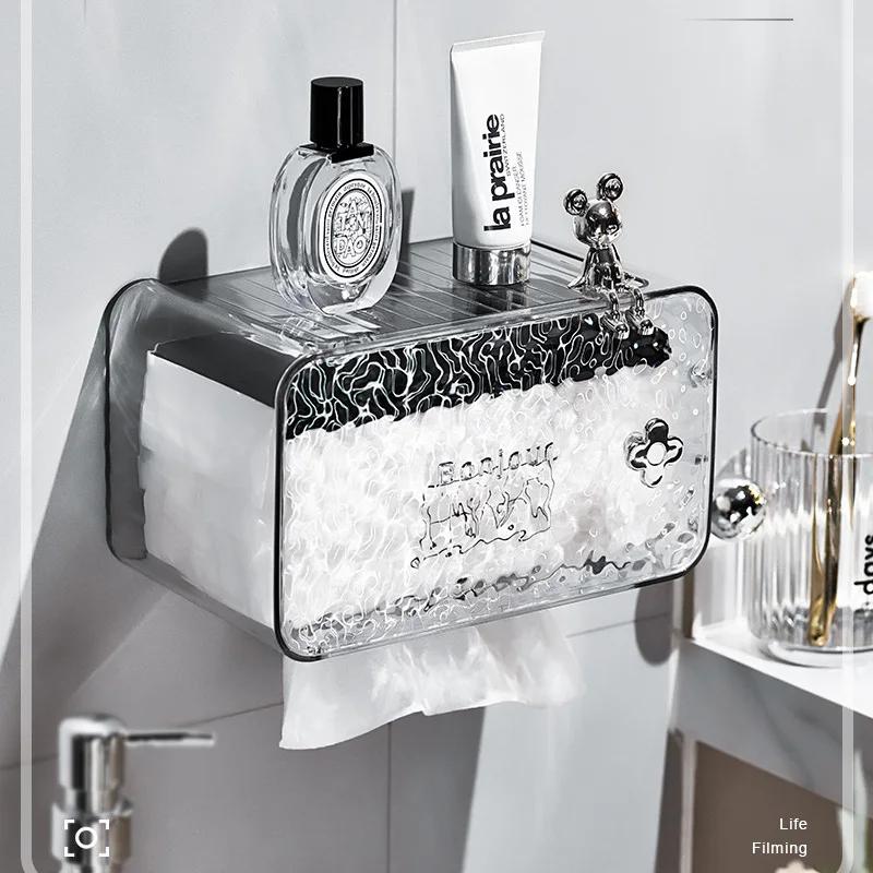 Transparent Toilet Paper Holder for Wall Mounted Storage Toilet Roll Paper Without Punching Suction Paper Box Tissue Box