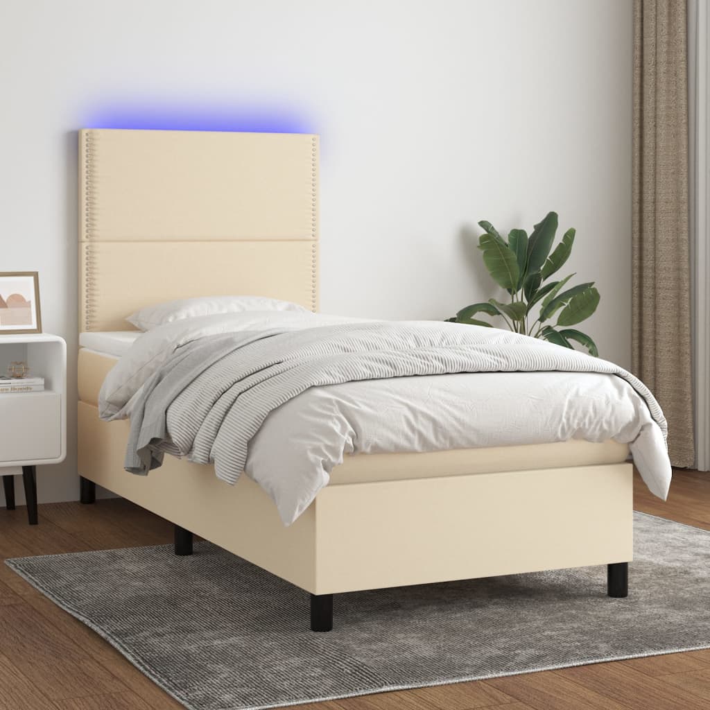 Box Spring Bed with Mattress & LED Cream 90x200 cm Fabric