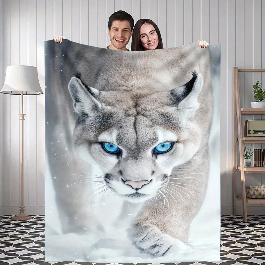 1pc Snow Leopard Blue Eyes Throw Blanket - Realistic Wildlife design with Snow Leopard Headshot, Soft Flannel All-Season Blanket