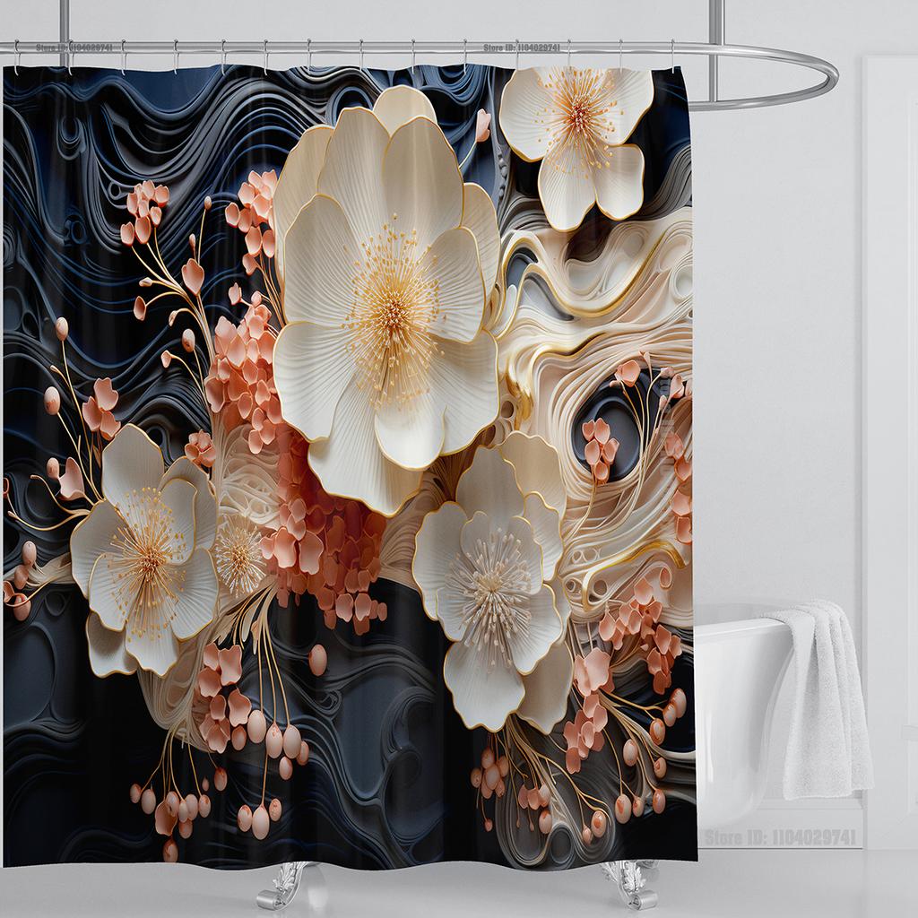 3D Stereo Beautiful Flower Printing Bathroom Curtain Waterproof Polyester Shower Curtain Home Decoration Curtain with Hooks