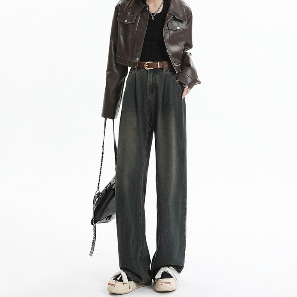 

Personalized versatile high-waisted straight wide-leg jeans women s spring and autumn new thin and tall floor-mopping jeans 2XL
